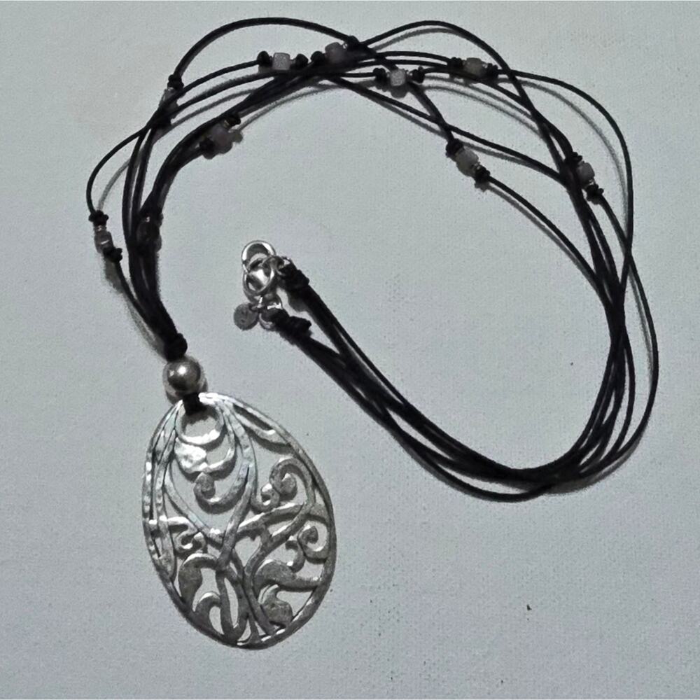 SILPADA STERLING SILVER FILIGREE PENDANT GRAY SHELL 3 STRAND CORD NECKLACE N1805